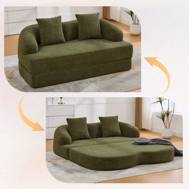 Divano letto 2 posti ¨C Minimal ¨C Verde chenille, con 2 cuscini