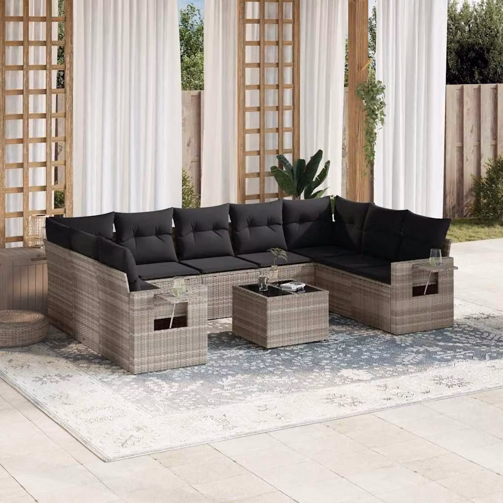 vidaXL Set Divano da Giardino a L in Polyrattan Grigio con 10 Pezzi e Cuscini – 1