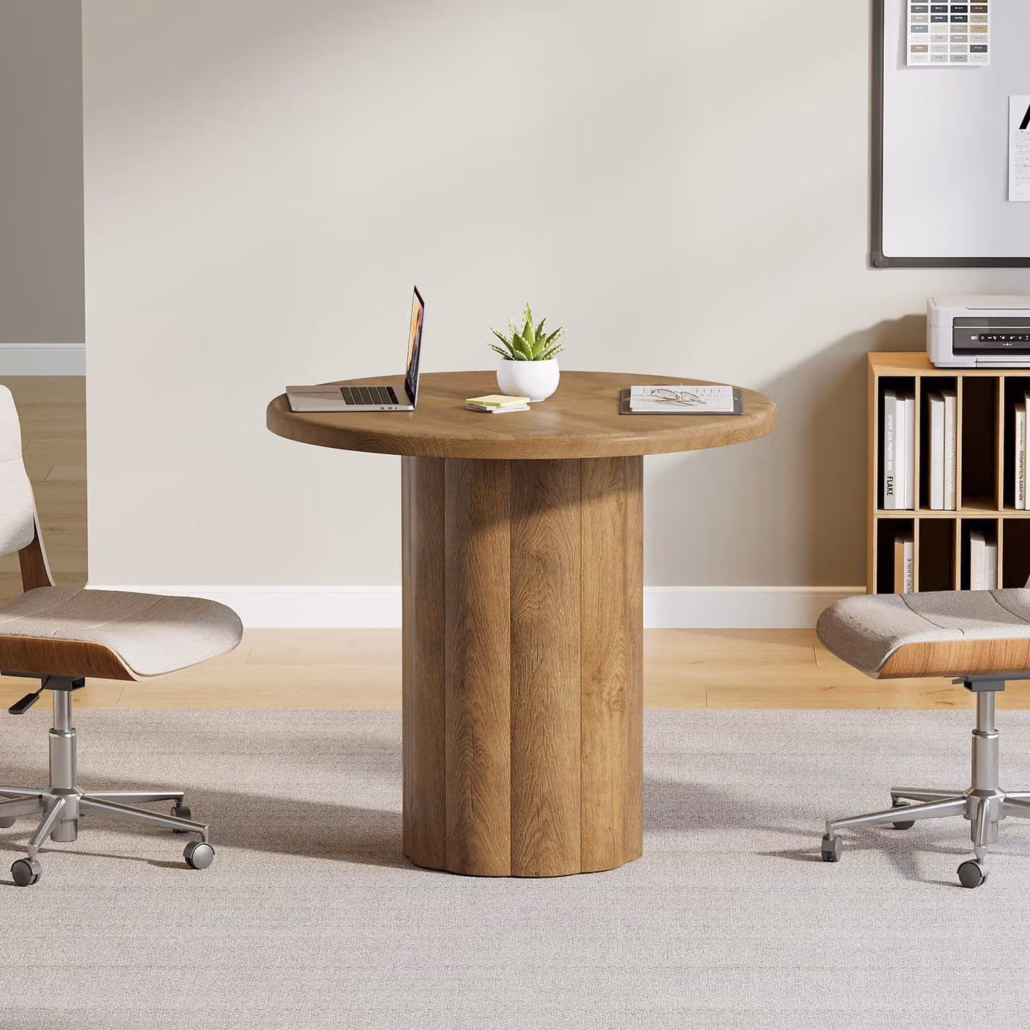 Tribesigns Scrivania rotonda da 80 cm, tavolino da riunione per 4 persone con struttura robusta, scrivania da ufficio, bancone reception, marrone