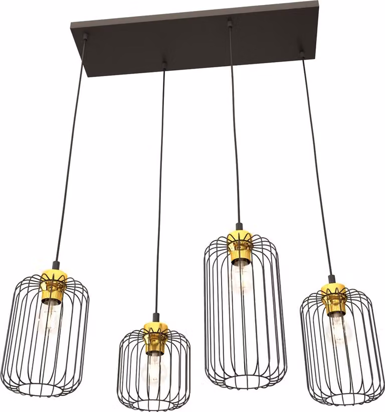Lampada a sospensione industriale rettangolare nero-oro con 4 paralumi in filo metallico, regolabile, VANDER 4xE27 15W Emibig