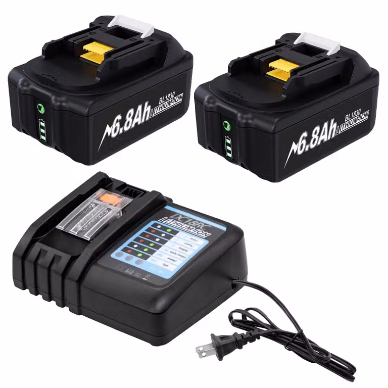 Batteria sostitutiva Makita BL1830, capacità 6,8Ah, tensione 18V, caricabatterie 2 BAT 1