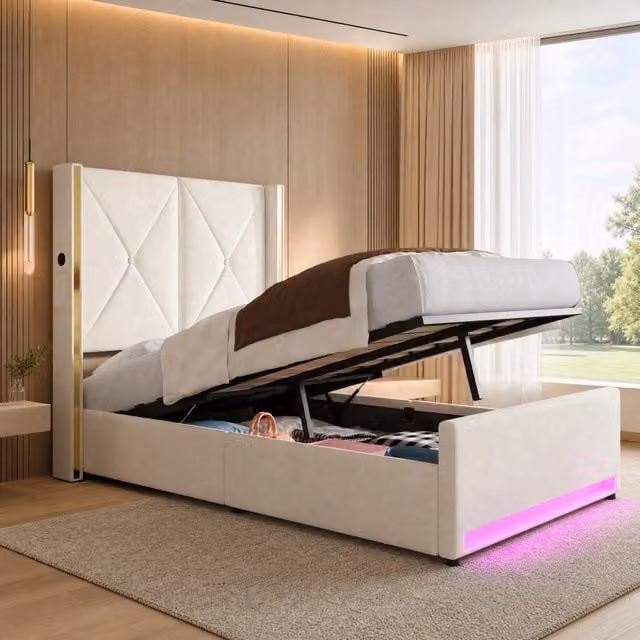Letto contenitore 90x200 cm in velluto beige con LED; USB e Type-C; tasche laterali