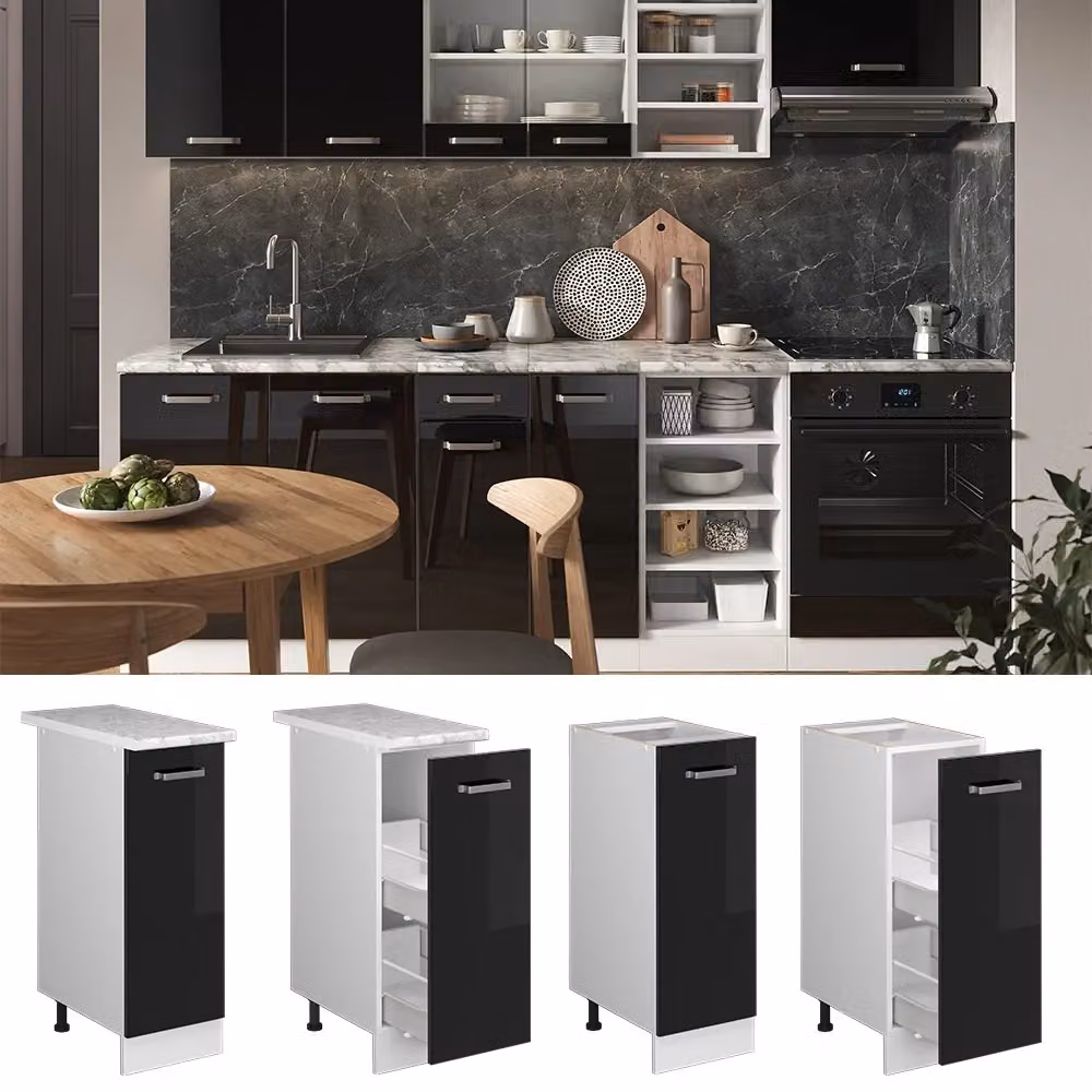 Armadio dispensa da cucina Vicco R-Line moderno con ante a battente, finitura lucida, colori nero, bianco e grigio, L: 30 cm, H: 81.6 cm, P: 46 cm – 2