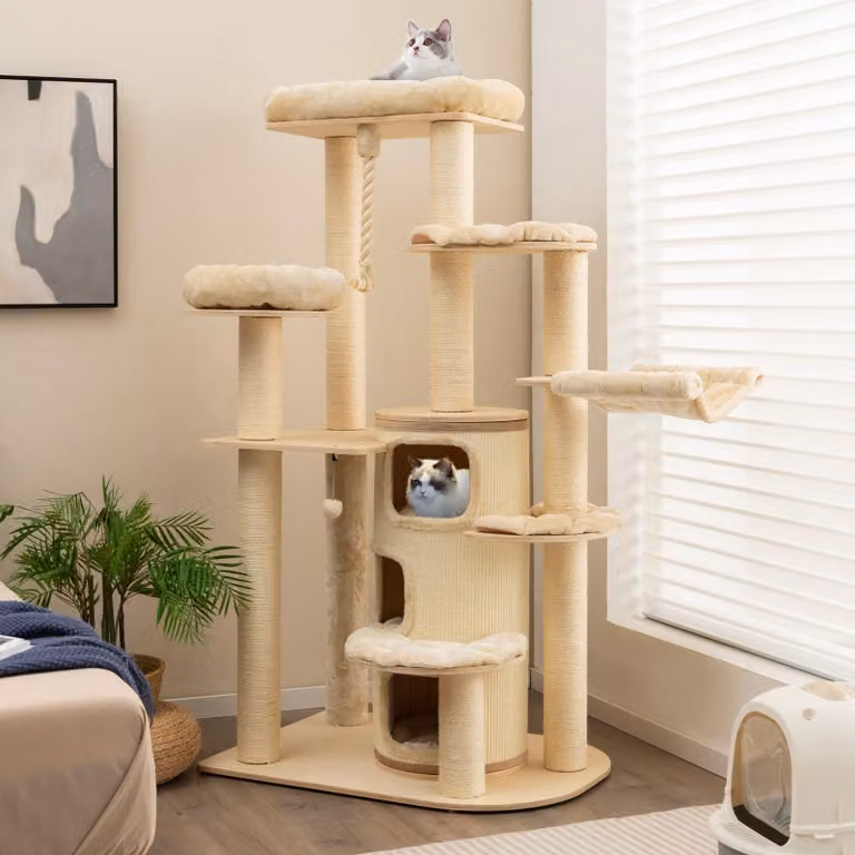 Albero per gatti - Torre per gatti - Mobile per gatti - Casa per gatti - Palo da arrampicata - Extra grande e robusto - Cuscini in peluche - Bianco