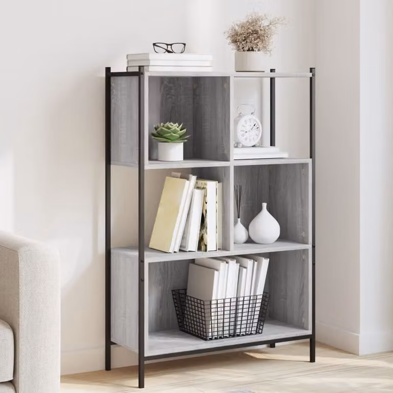 Libreria moderna vidaXL in legno e metallo grigia con pannello posteriore, L 72 cm x P 28 cm x H 109 cm
