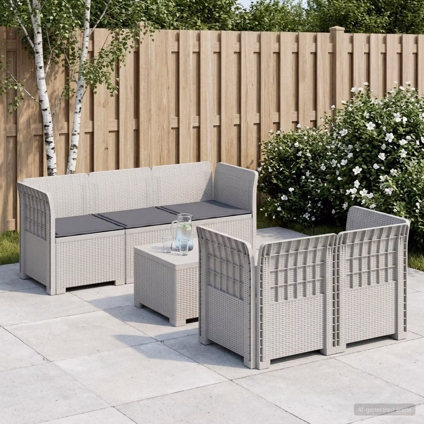 Set da giardino vidaXL a forma di L con divano da 5 posti, elemento angolare e tavolino da caffè in stile rattan moderno, colore bianco e grigio