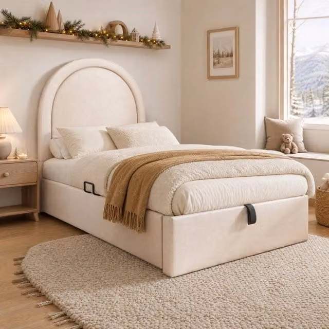 Letto imbottito per bambini con contenitore e rete idraulica 90x190 cm; beige PU