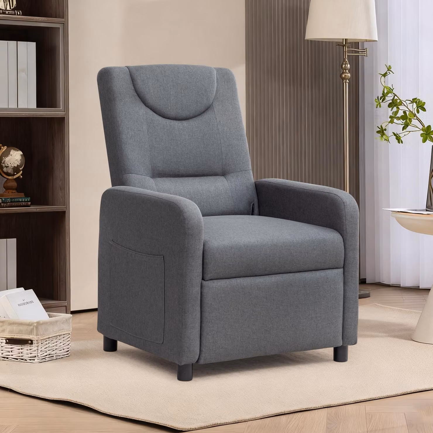 Sedia da ufficio MODFU con schienale regolabile, divano lounge in lino, poltrona TV con poggiapiedi pieghevole, dimensioni 67,5 x 128 x 90 cm, colore grigio scuro