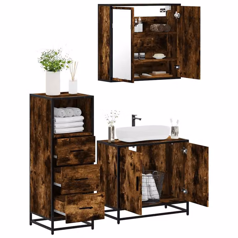 Set di mobili da bagno vidaXL 3 pezzi in stile industriale color rovere marrone con mobile lavabo, armadietto con specchio e mobile laterale in legno e metallo
