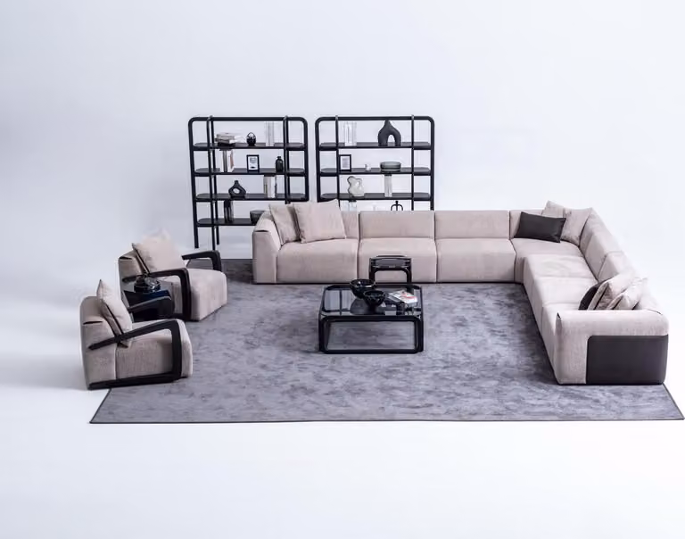 Luxus Sofa-Set Sitzgruppe Wohnlandschaft L-Form Sofa Sessel Textil