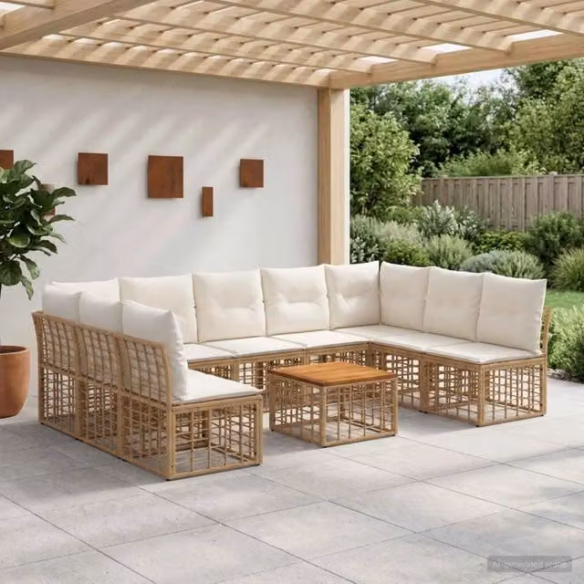 Set di divani da esterno 10 pz Naturale e Bianco Crema 3437540