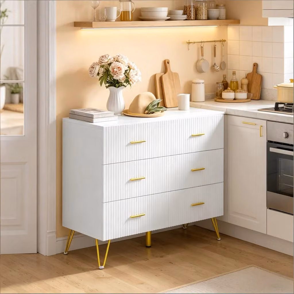 Comò WISHDOR bianco e oro con 6 cassetti e design a righe, mobile contenitore moderno L: 100 cm, P: 40 cm, H: 75 cm – 2