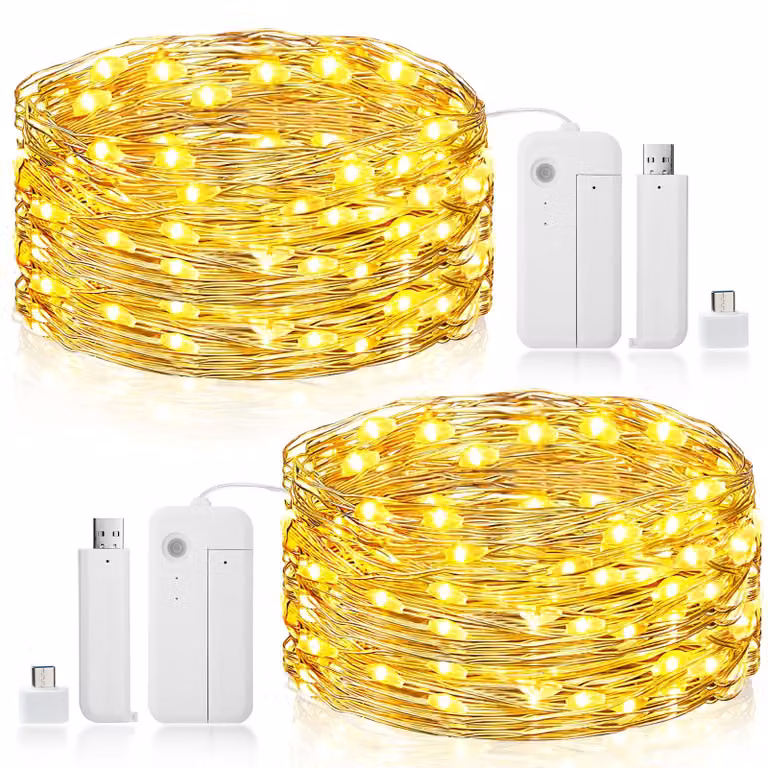Catena luminosa, 2 x 10 metri, 100 LED, ricaricabile tramite USB, con timer e 8 modalità