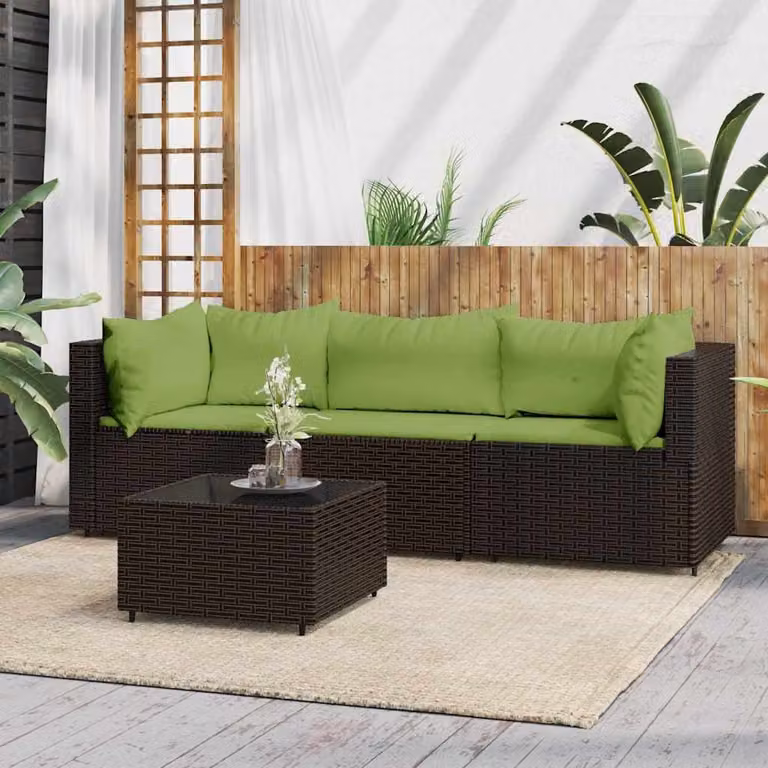 Set da giardino moderno vidaXL composto da 4 pezzi con divano a 3 posti, elemento angolare, tavolino da caffè e cuscini in schiuma, struttura in metallo e rattan di colore marrone e verde