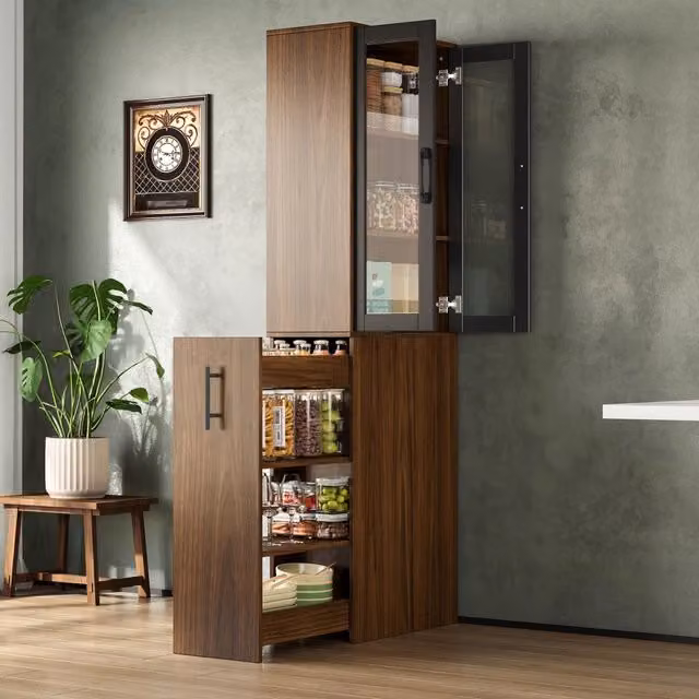 Colonna portaoggetti REDOM con ante in vetro, finitura opaca nero e marrone, L/P/H: 60 x 30 x 180 cm – 1