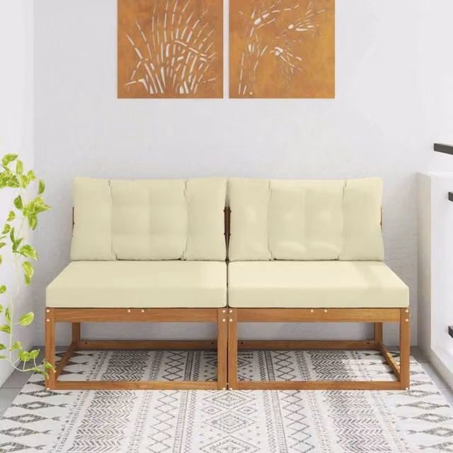 Set di 2 divani centrali da esterno vidaXL in legno di acacia con cuscini beige e marrone – 1