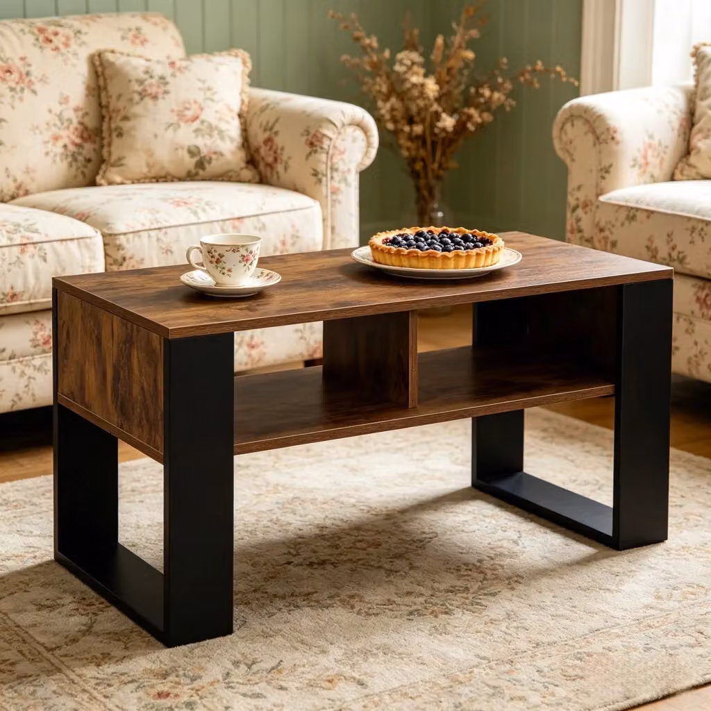 Tavolino basso moderno OKWISH per soggiorno con 2 vani aperti, in legno nero e marrone, L: 90 cm, P: 45 cm, H: 45 cm – 2