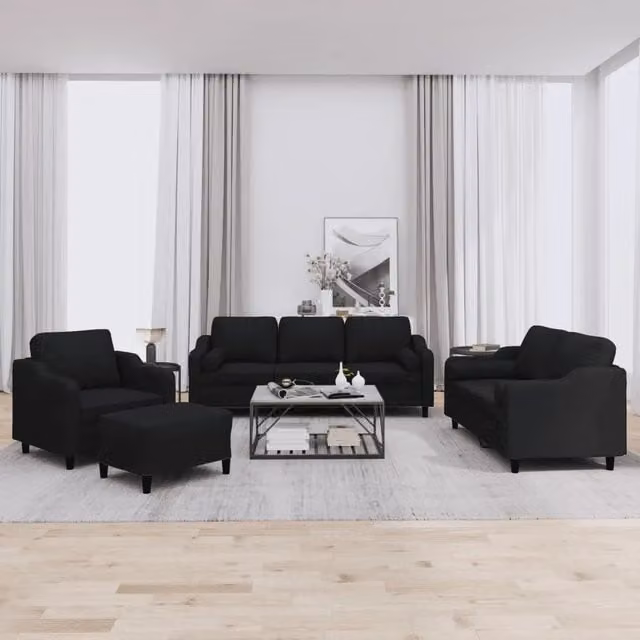 Set di Divani Moderno vidaXL in Tessuto Nero con Funzione Letto e Ottoman, Composto da Divano a 3 Posti, Divano a 2 Posti e Pouf con Cuscini
