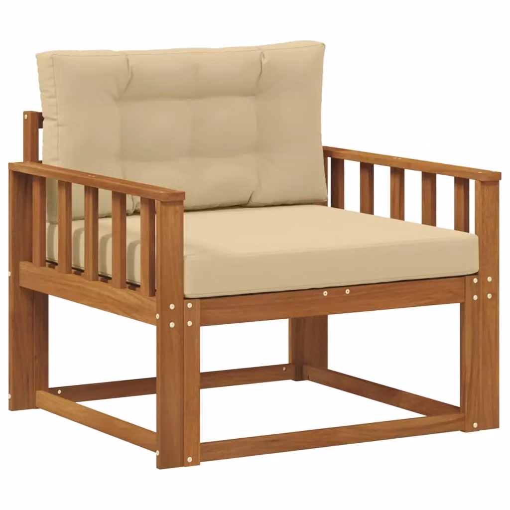Divano componibile centrale per esterno in legno di acacia con cuscini beige e marrone – 2