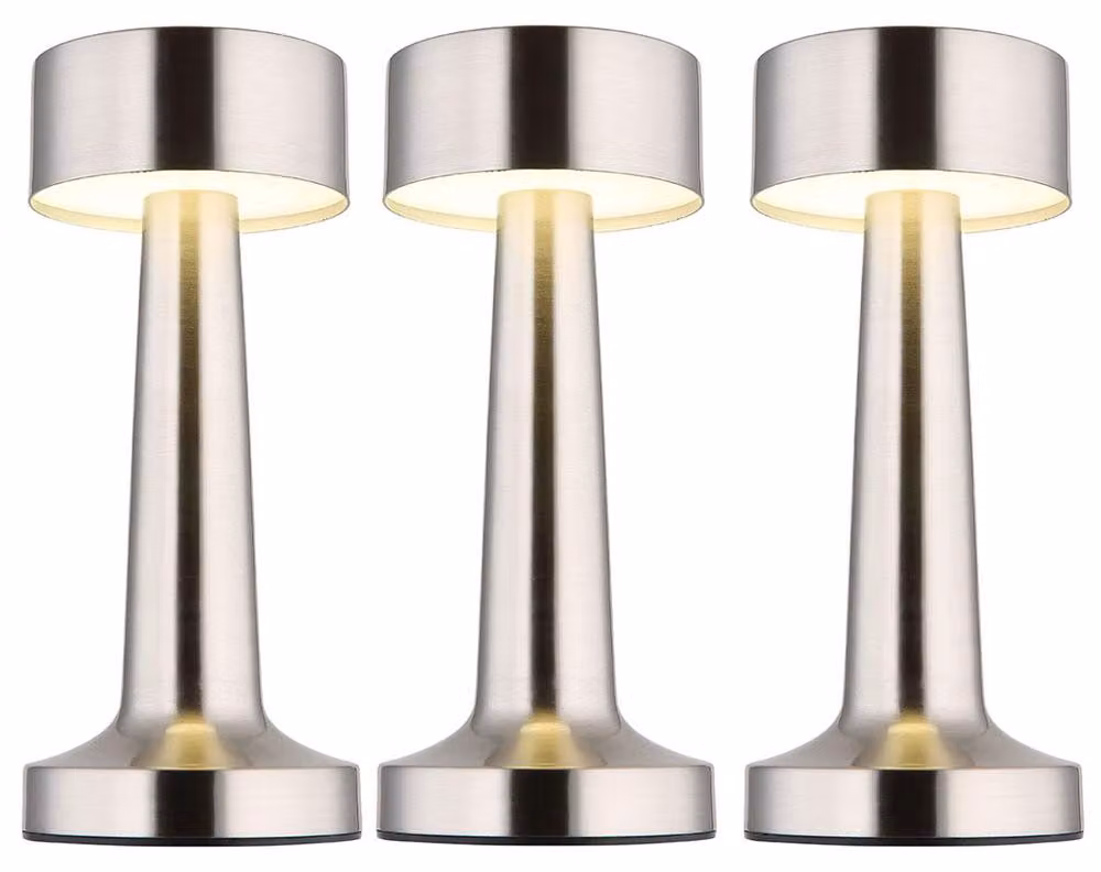 Lampada da tavolo LED, finitura nichel opaco, dimmer touch, alimentazione a batteria, altezza 21 cm