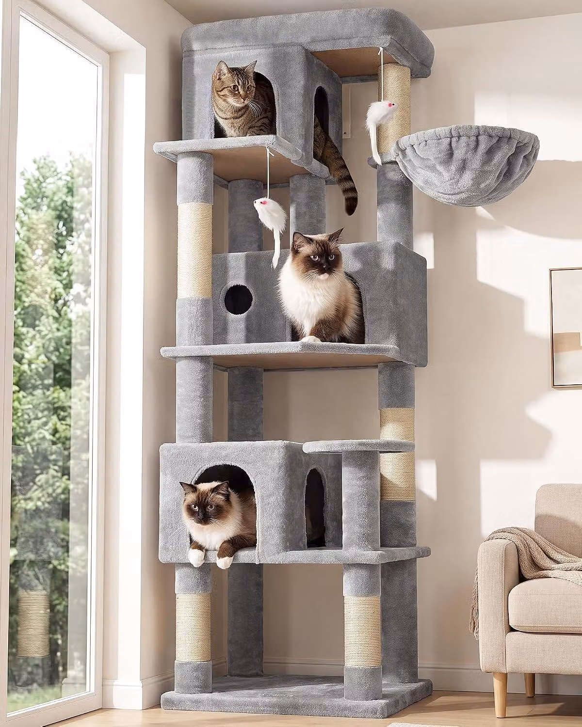 Albero per gatti, altezza 168 cm, con 3 rifugi per gatti, 5 tiragraffi, adatto per 3-4 gatti