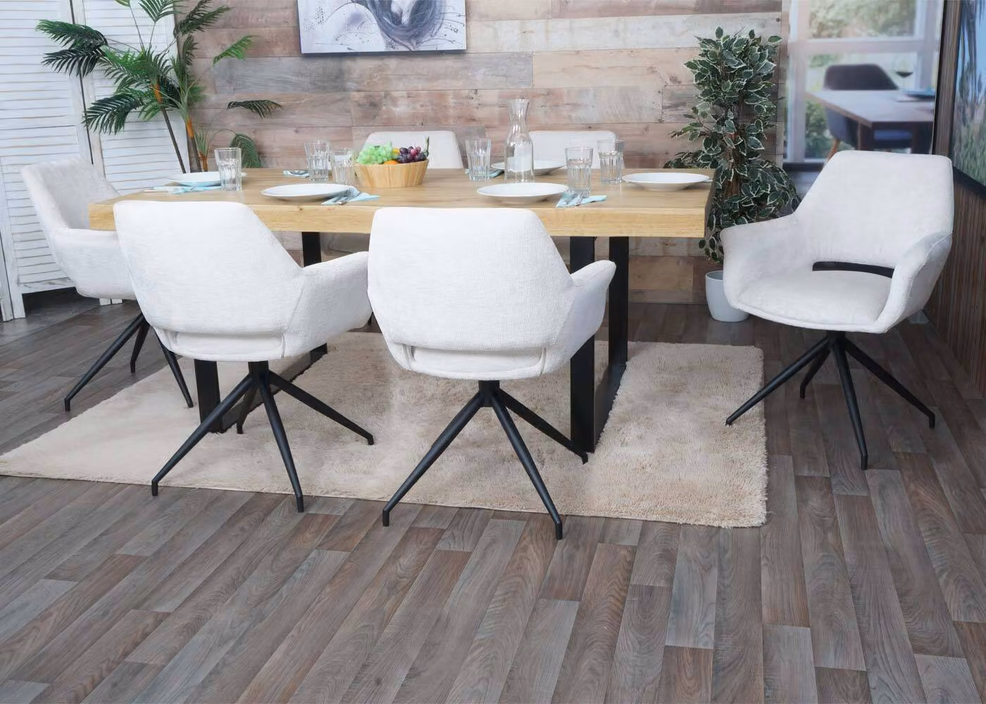 Set da 6 sedie da pranzo MCW-M53, sedie da cucina con braccioli, girevoli con posizione automatica, metallo e tessuto MVG ~ bianco crema
