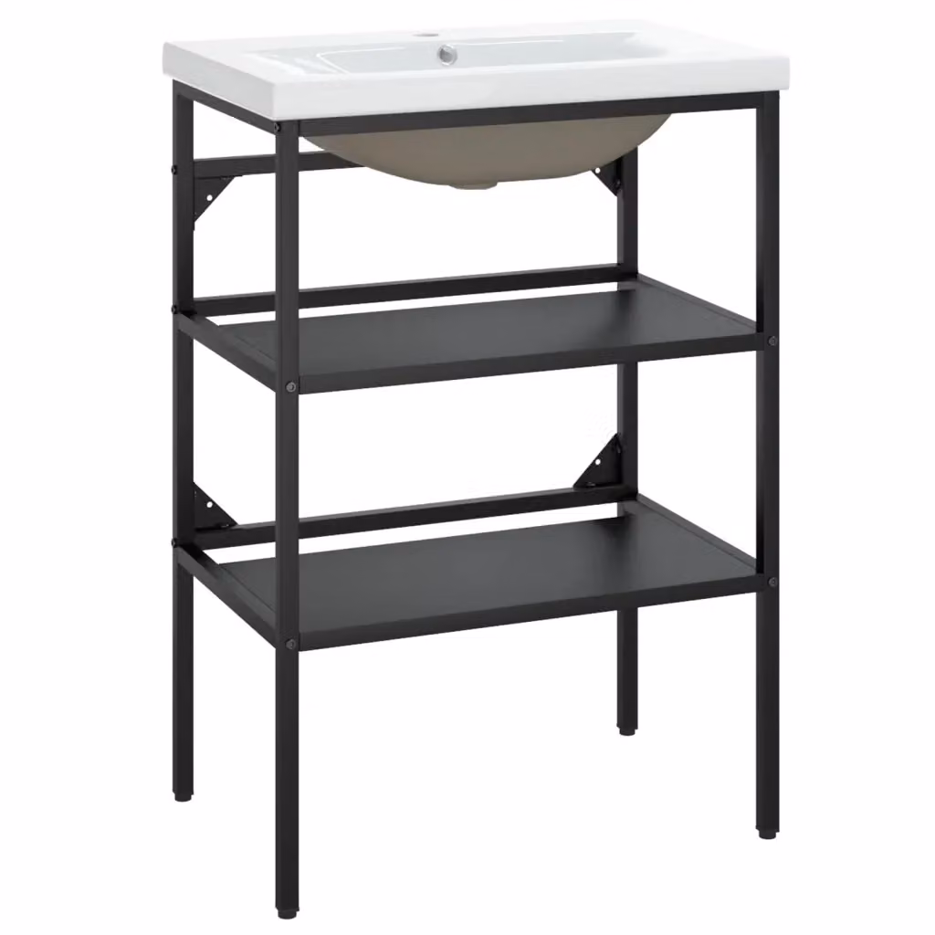 vidaXL Telaio per Lavabo da Bagno con Lavabo Integrato in Metallo e Ceramica Nero e Bianco L/P/H: 83 x 59 x 38 cm – 2