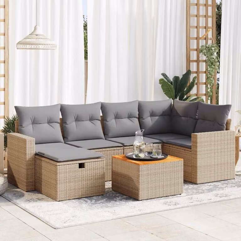 Set di divani da giardino vidaXL in polyrattan 7 pezzi con cuscini beige e struttura in legno di acacia