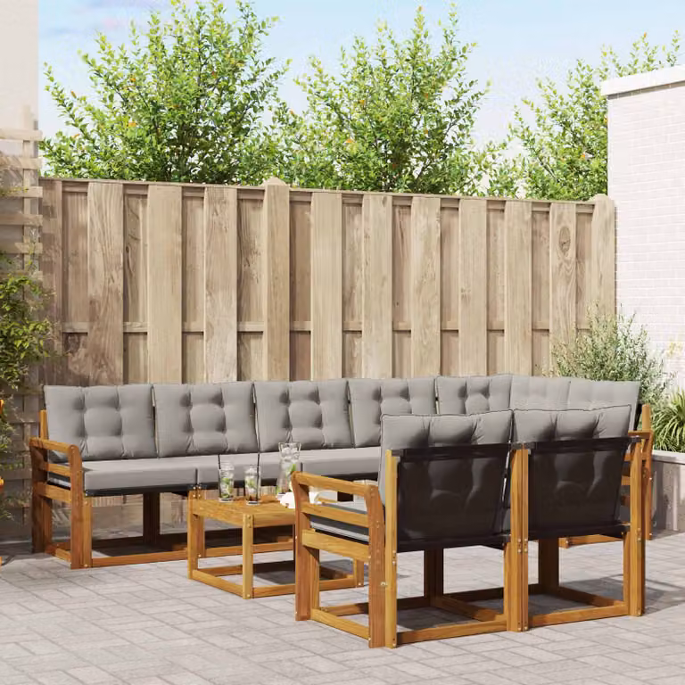 vidaXL Set di divani da esterno a L in legno di acacia e textilene, 9 pezzi, Grigio e Marrone con tavolo da caffè e cuscini inclusi