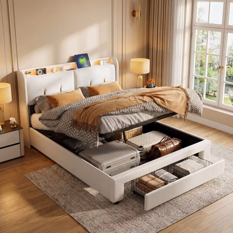Letto a pressione a gas ProximaX 160×200 cm in bianco panna - Con contenitore nella testata e cassetto nella pediera - Funzione LED e USB - Ideale per camere da letto