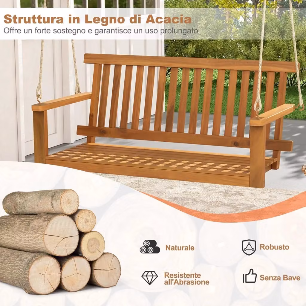 Panchina a dondolo Costway in legno di acacia marrone con corde di canapa per giardino e balcone, portata 360 kg – 2