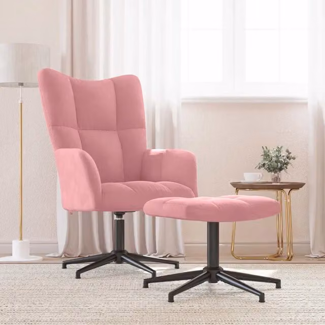 Poltrona Relax con Poggiapiedi in Velluto Rosa, Design Moderno con Struttura in Metallo e Seduta Girevole a 360 Gradi