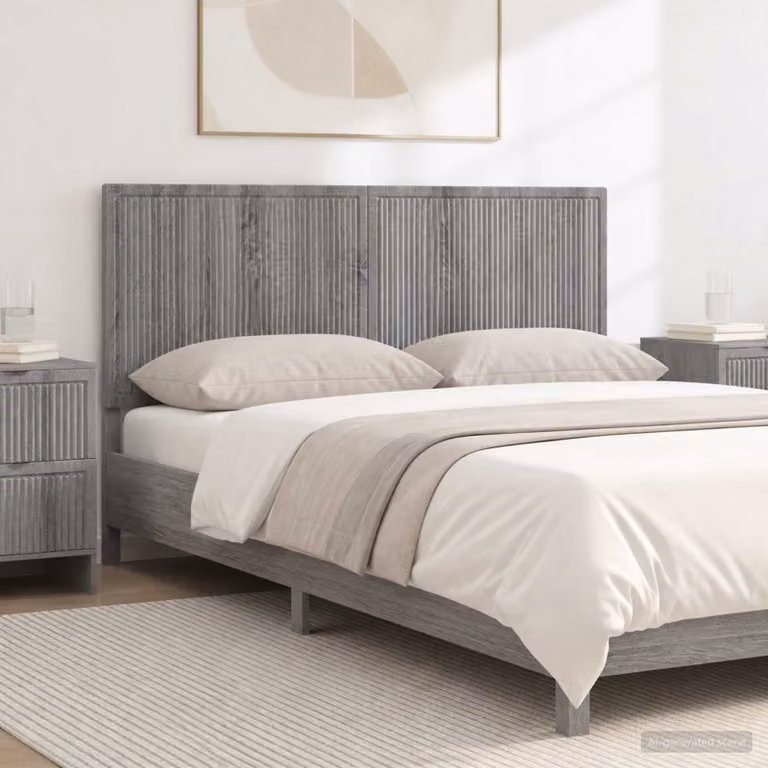 Testiera da muro vidaXL EDE in legno ingegnerizzato grigio con ripiano integrato e scomparti laterali L: 140 cm, H: 50 cm, P: 3 cm