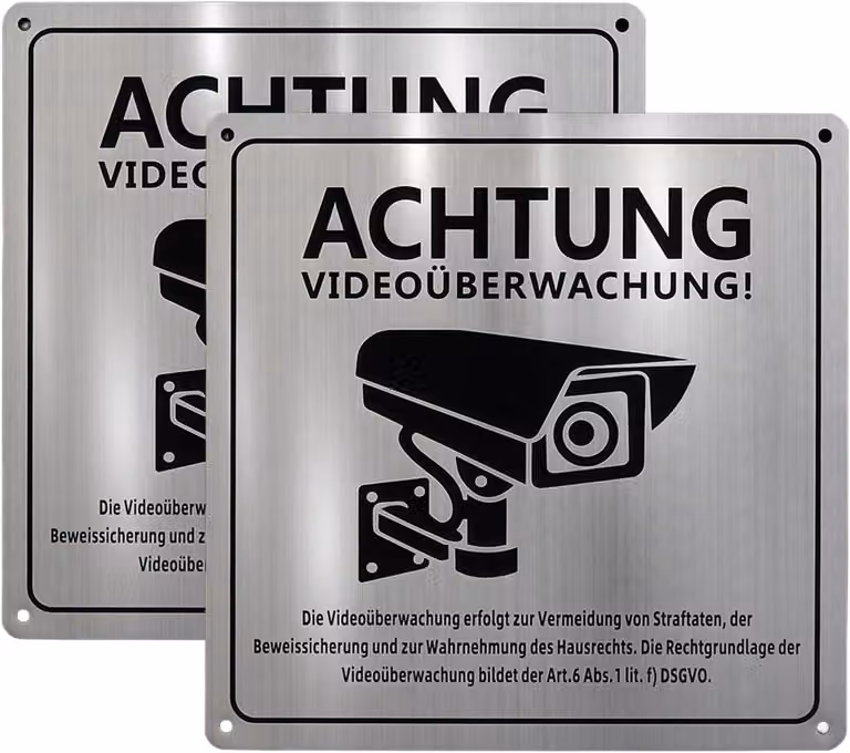 Set di cartelli per videosorveglianza, 2 pezzi, 15x15 cm, adesivi, per interni ed esterni