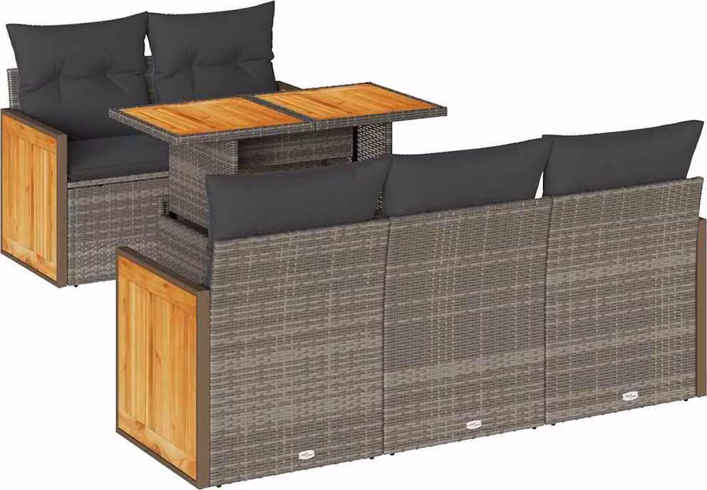 Set Divano da Giardino 6pz con Cuscini Grigio Polyrattan Acacia