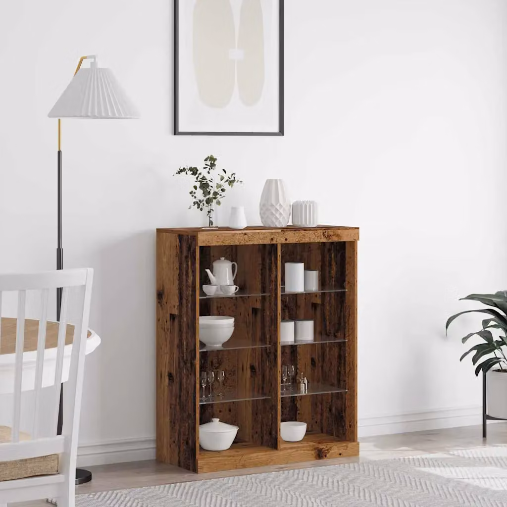 Madia moderna vidaXL con illuminazione LED in legno antico e vetro, colore marrone, L 81 cm x P 37 cm x H 100 cm