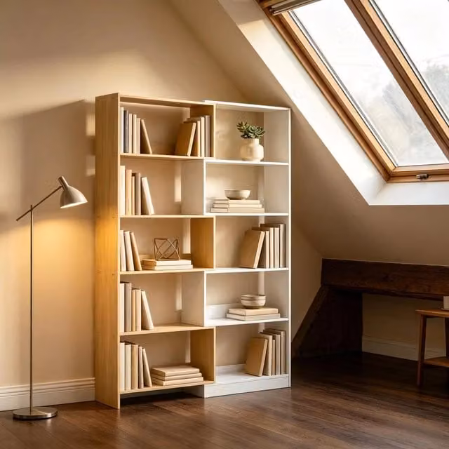 Libreria a 5 ripiani aperti configurabile in pannello di particelle naturale e bianco