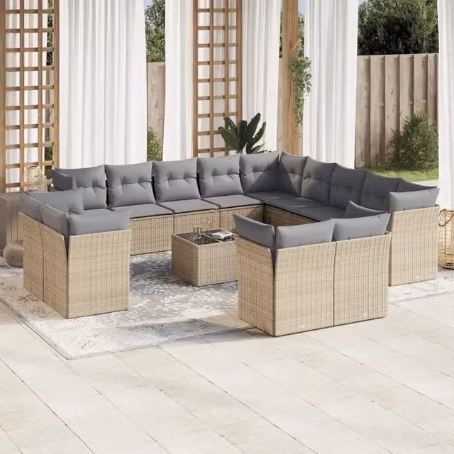 Set di Divani da Giardino a Forma di U VIDAXL in Polyrattan Beige con 14 Pezzi e Cuscini Inclusi