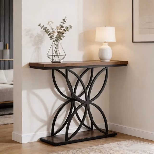 Consolle con base in metallo a farfalla piano in MDF marrone e nero con piedi regolabili portata 45 kg