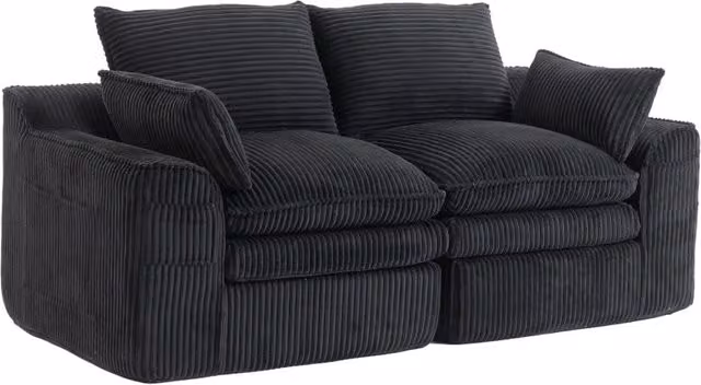 Divano 2 posti 191x94x85 cm in velluto a coste nero con tasche laterali e cuscini
