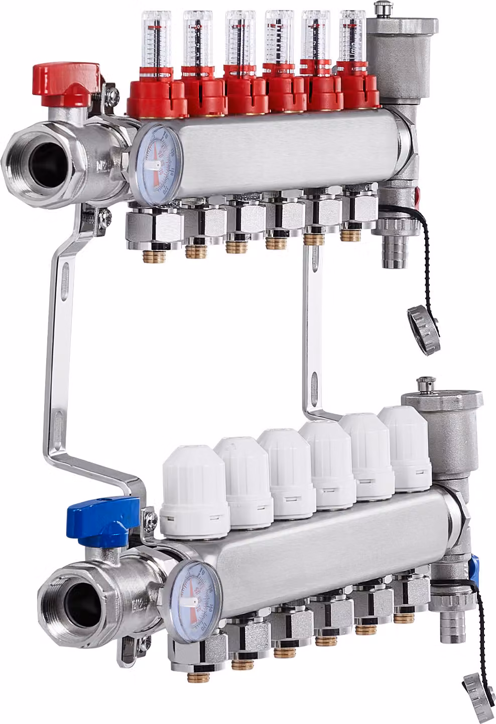 SucceBuy Collettore di distribuzione del calore a 6 rami, collettore per tubi PEX da 1/2 pollice, collettore PEX in acciaio inox per riscaldamento idronico a pavimento, set di collettori PEX per la distribuzione del calore con adattatori da 1/2 pollice