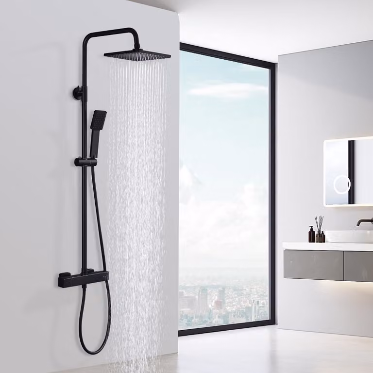 HOMELODY Sistema doccia con termostato, colore nero - Miscelatore doccia in acciaio inossidabile, doccia a pioggia