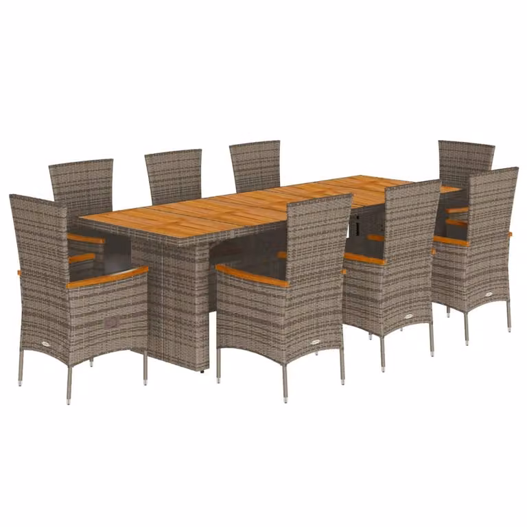 Set da Pranzo da Giardino 9 pz con Cuscini in Polyrattan Grigio