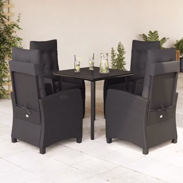 Set da pranzo da giardino moderno vidaXL in rattan e vetro nero con struttura in acciaio verniciato a polvere