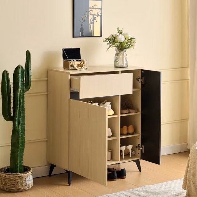 Scarpiera ULEVR 75x35x90 cm con 2 ante, cassetto e ripiani regolabili, MDF effetto legno chiaro