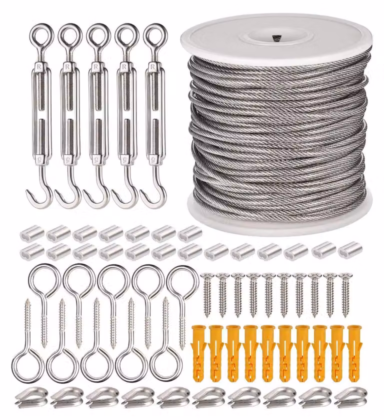 Omgoods - Kit di cavi in acciaio inossidabile - Filo per recinzioni - Kit di cavi con occhielli - Guide per arrampicata - Filo per giardini - Resistente alla corrosione, 66 pezzi - Filo per giardini