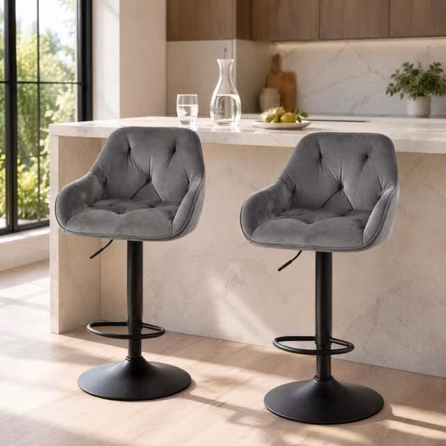 Set di 2 Sgabelli da Bar in Velluto Grigio Scuro, Altezza Regolabile 62,5-84 cm, Girevoli a 360° con Struttura in Metallo
