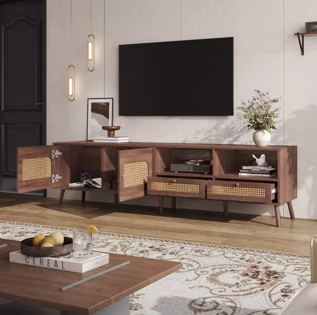Mobile TV ULEVR 200x37x49,5 cm per TV fino a 80 pollici, 2 ante in rattan e 2 cassetti, marrone