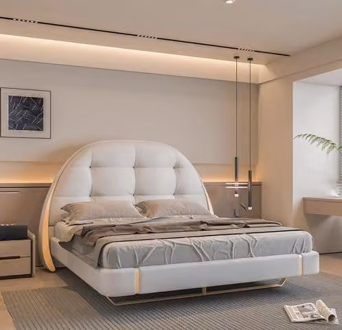 Weißes Polsterbett Designer Edelstahlbett Schlafzimmer Doppelbett