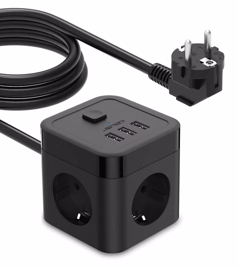Ciabatta multipresa con 3 porte USB, 3680 W/16 A, con interruttore, cavo da 3 metri - Colore nero